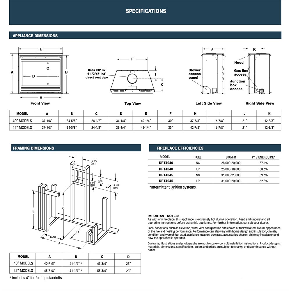 Direct vent gas fireplace layout diagram with front and side framing dimensions