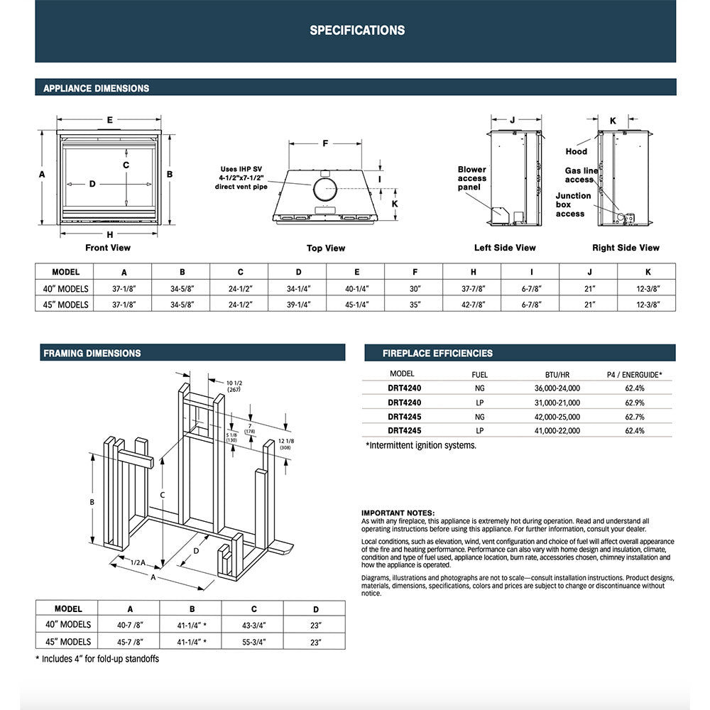 40-inch direct vent gas fireplace technical front and top view diagram