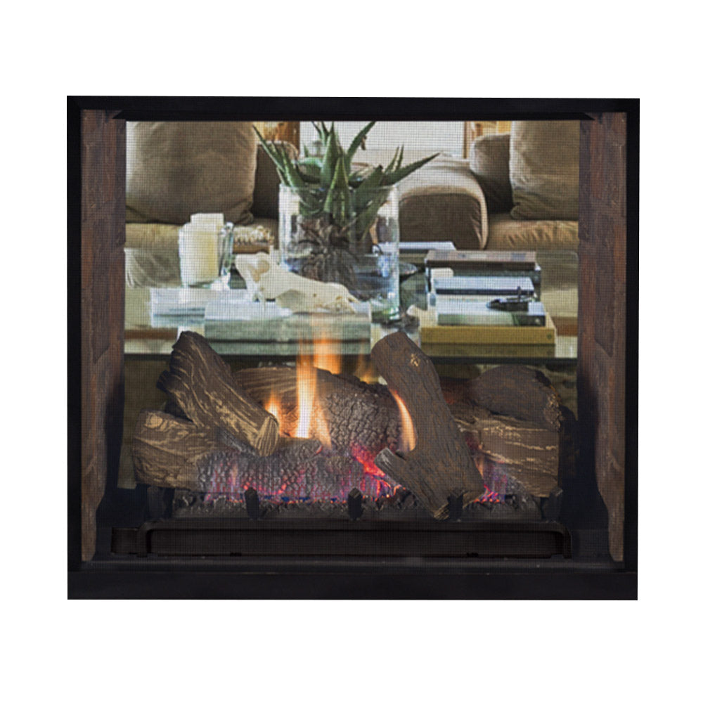 Gas fireplace with see-through glass front, burning logs and glowing embers inside