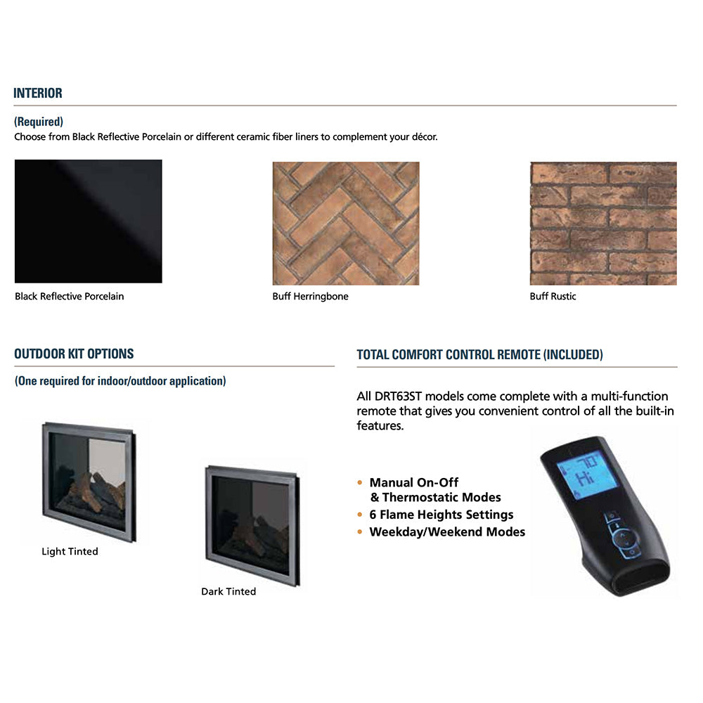 Gas fireplace remote control with interior liner and tinted glass options