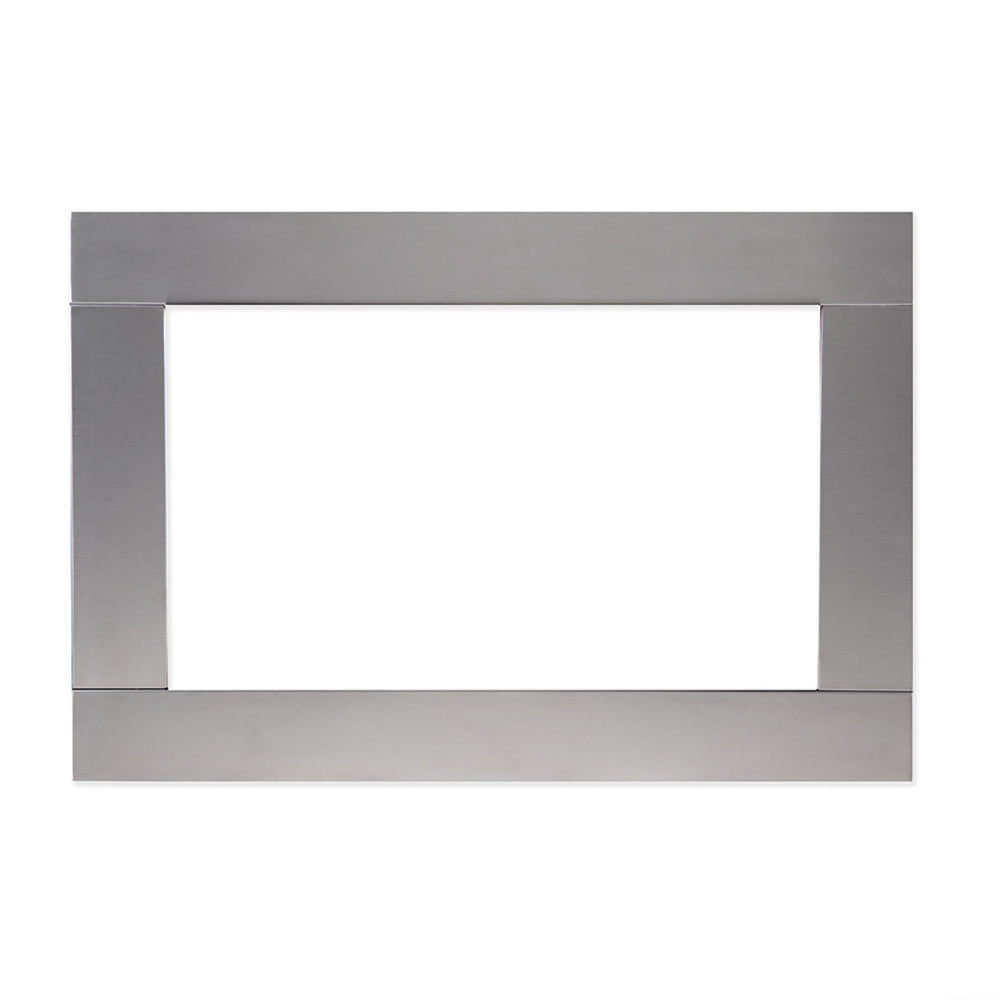 Stainless steel fireplace surround with rectangular inner opening and flat trim