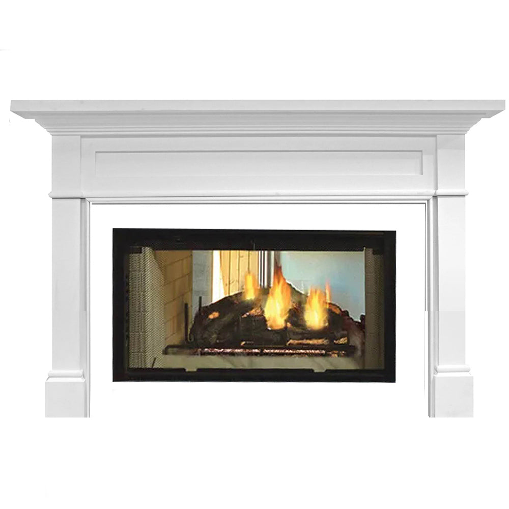 White wood fireplace mantel with wide opening and firebox, see-through screen