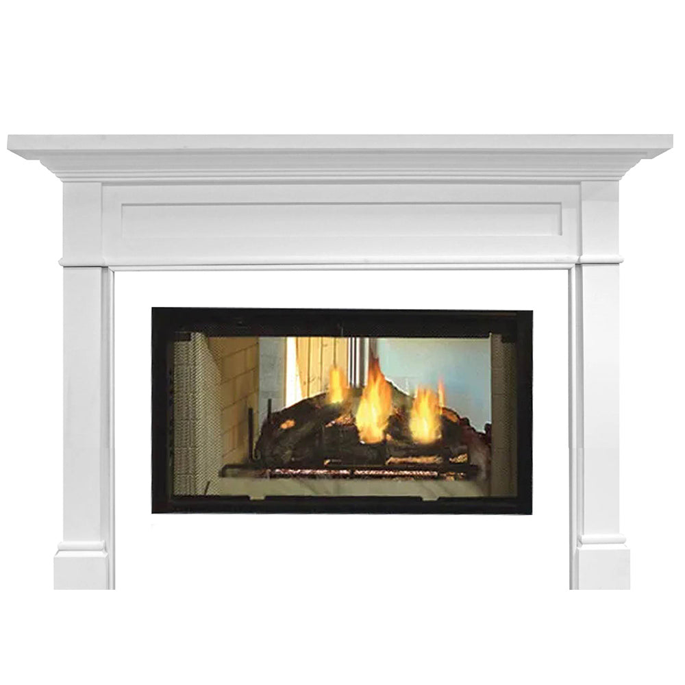 White fireplace mantel with glass-front firebox and visible burning logs