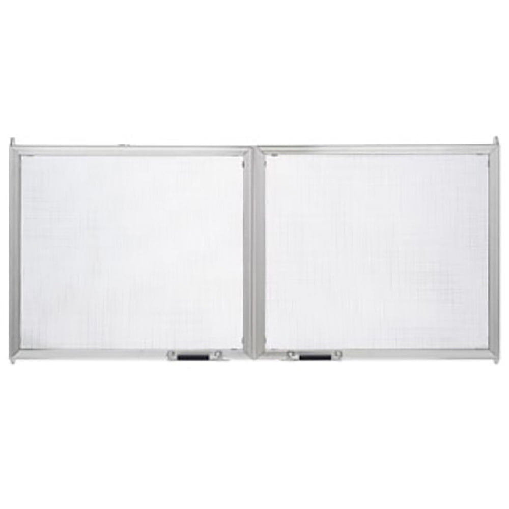 Stainless steel screen door with two hinged mesh panels and rectangular frame