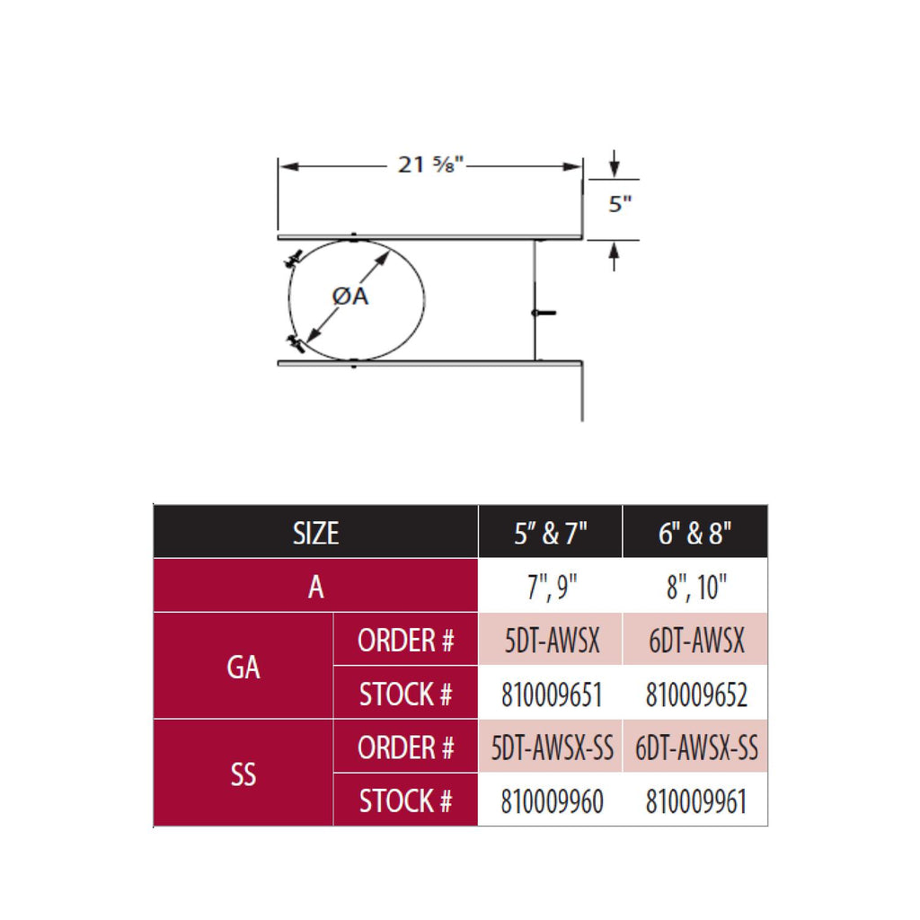 Extended wall strap size diagram with dimensions for 5 and 7 in diameters