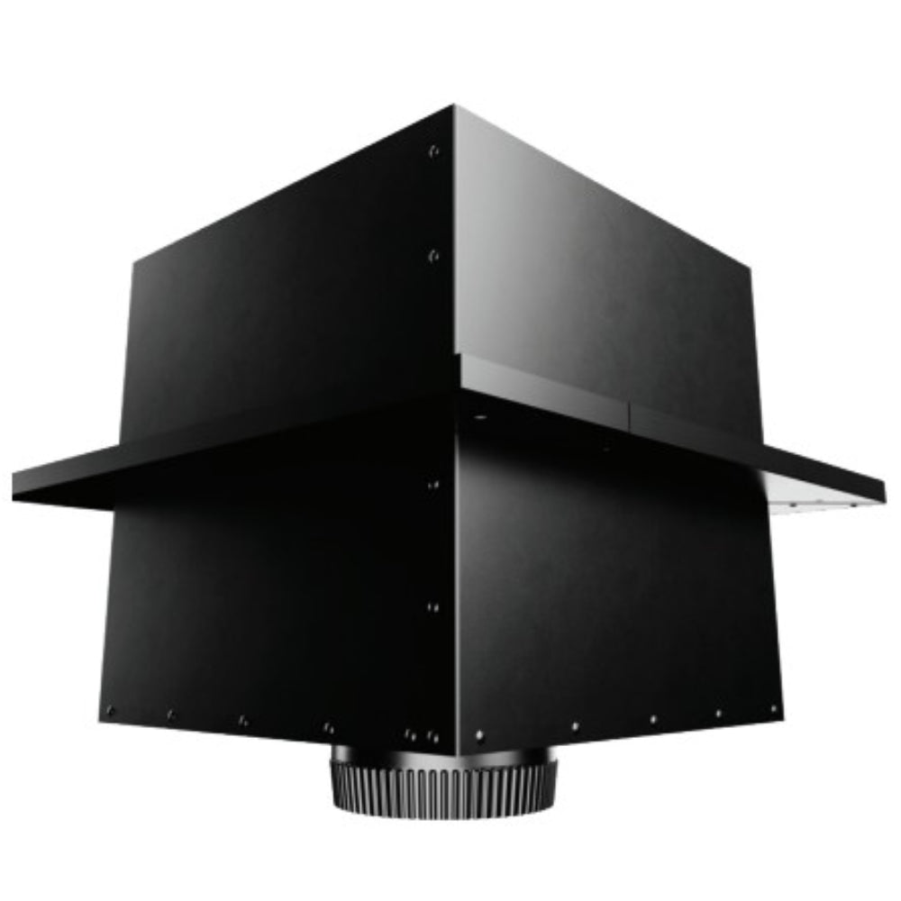 Square ceiling support box with dark metal housing and mounting flange
