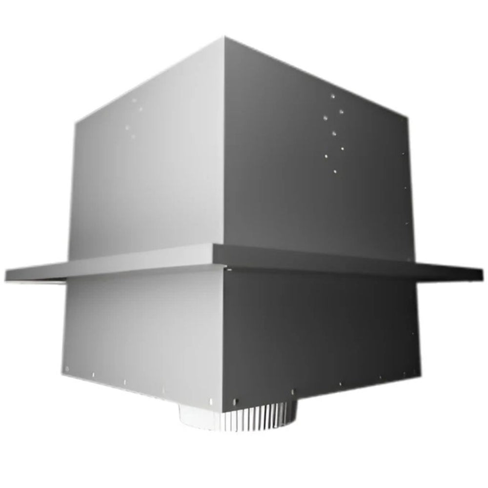 Flat ceiling support box, rectangular metal housing with flanged collar