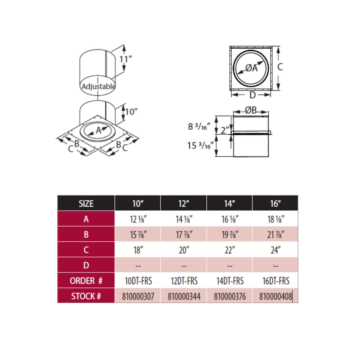 Firestop radiation shield dimension diagram with adjustable collar and size chart