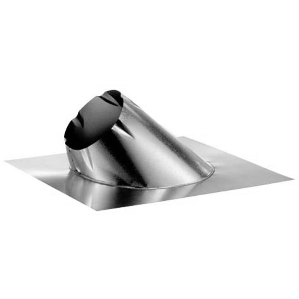 Adjustable roof flashing with round flue opening, dark collar, silver metal base