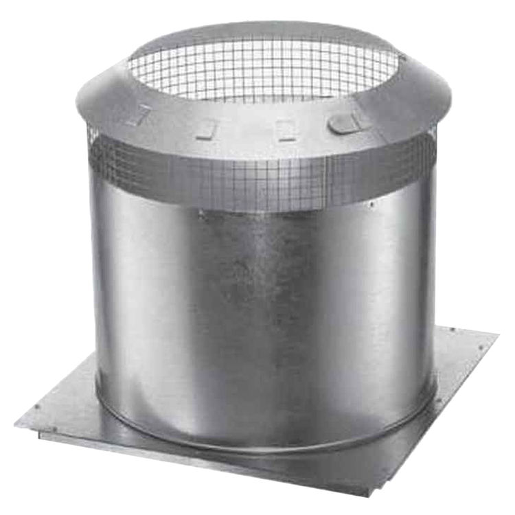 Metal attic insulation shield with wire-mesh cap and flat base flange, cylindrical tube