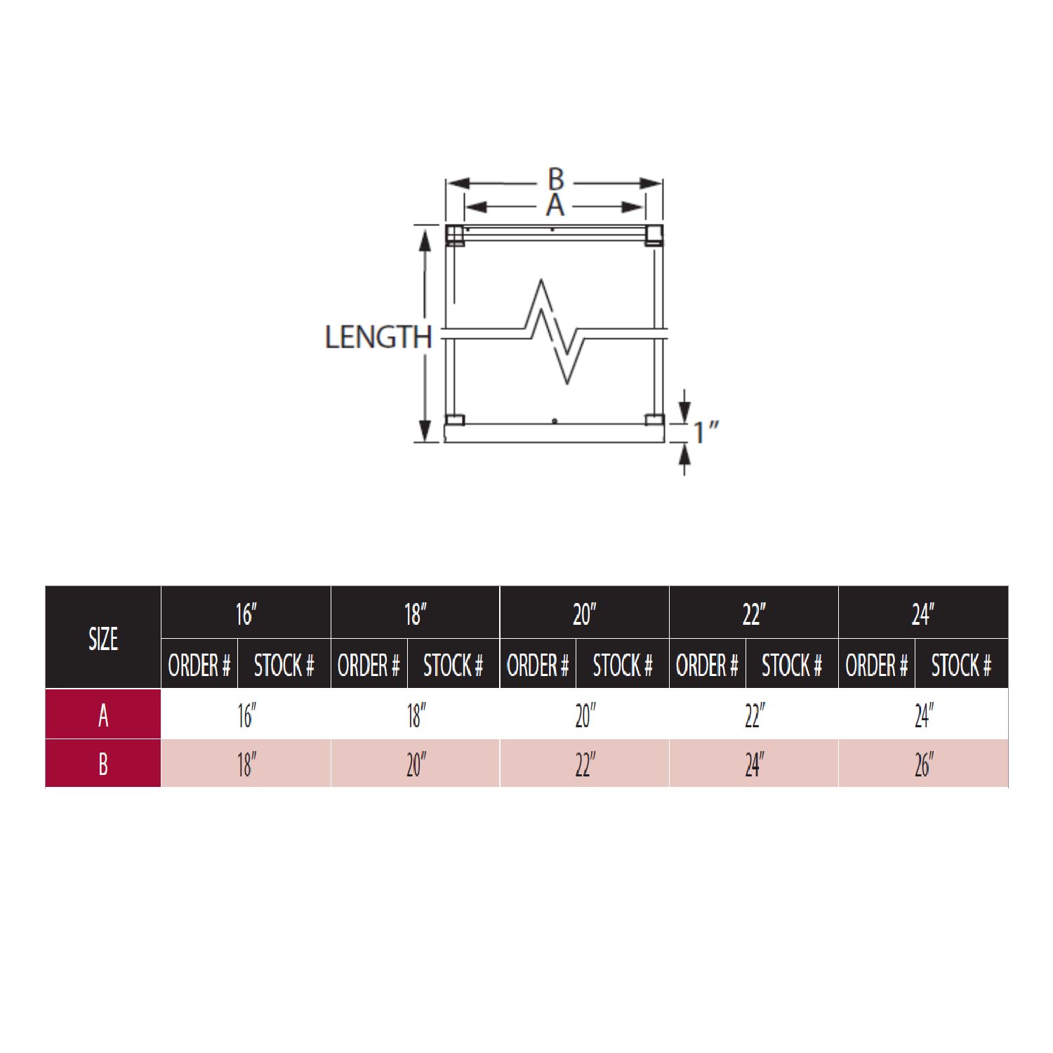 Chimney pipe size chart diagram showing lengths and end measurements for 16–24