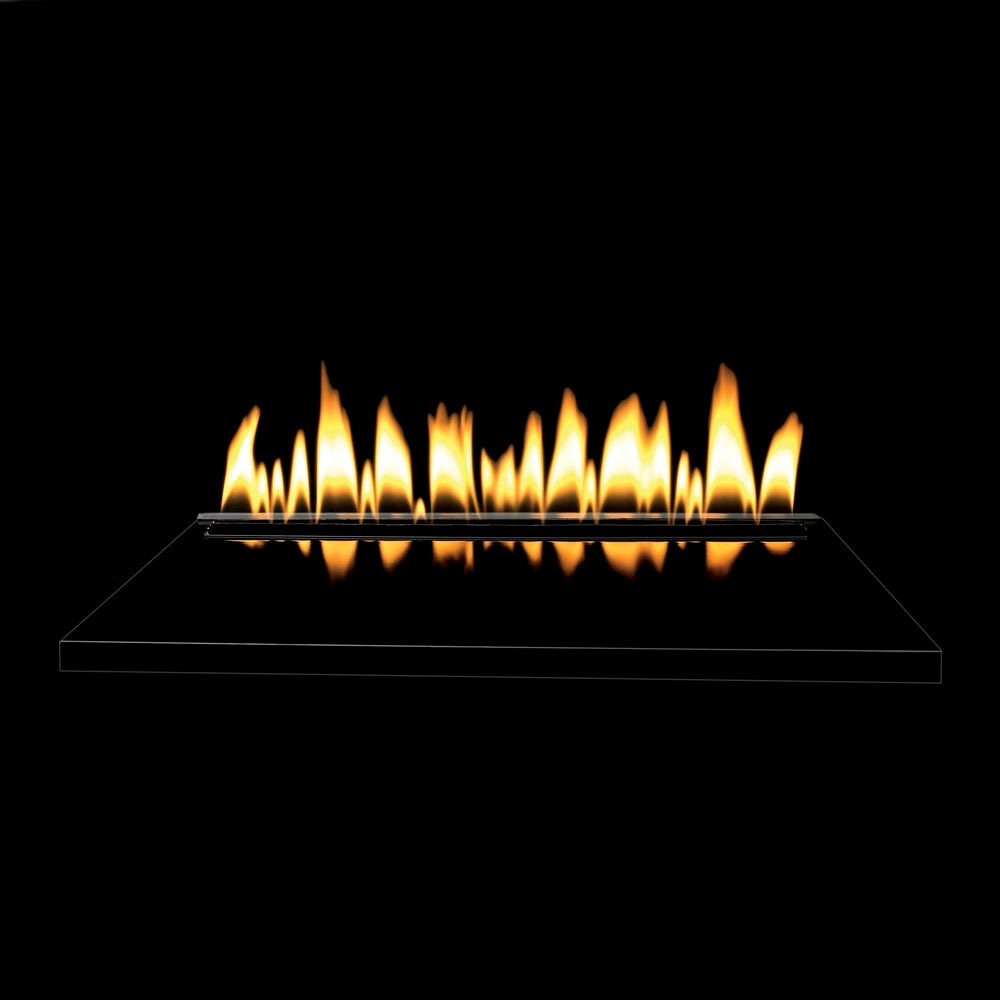 Decorative double-sided burner top with dark frame and visible flames