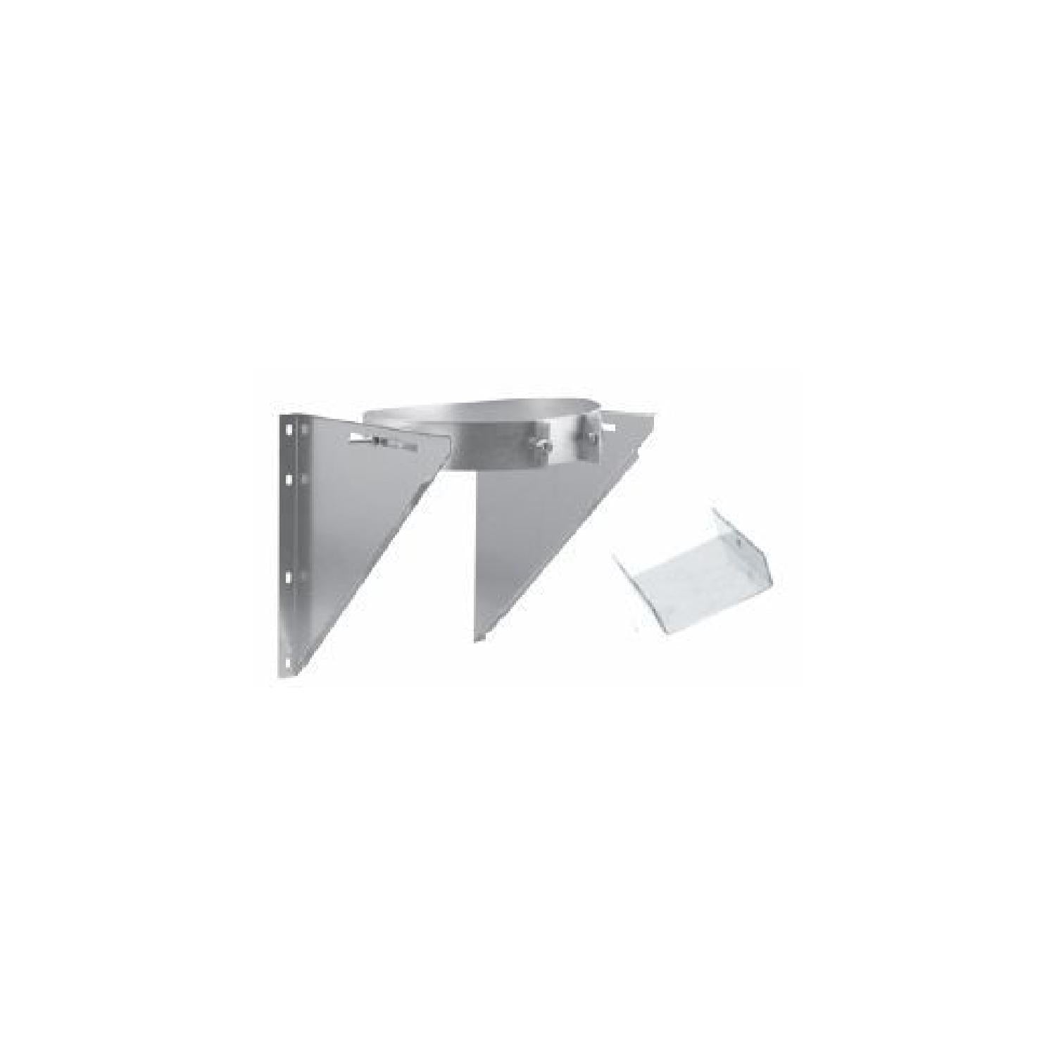 Adjustable re-support strap bracket with wall mount plate, gray metal strap.