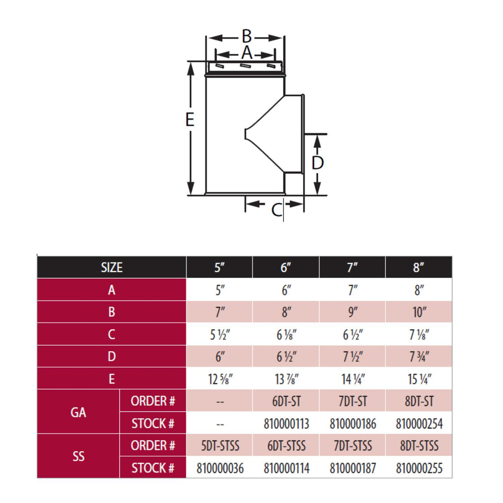 6-inch vent tee with cap dimension diagram and size chart