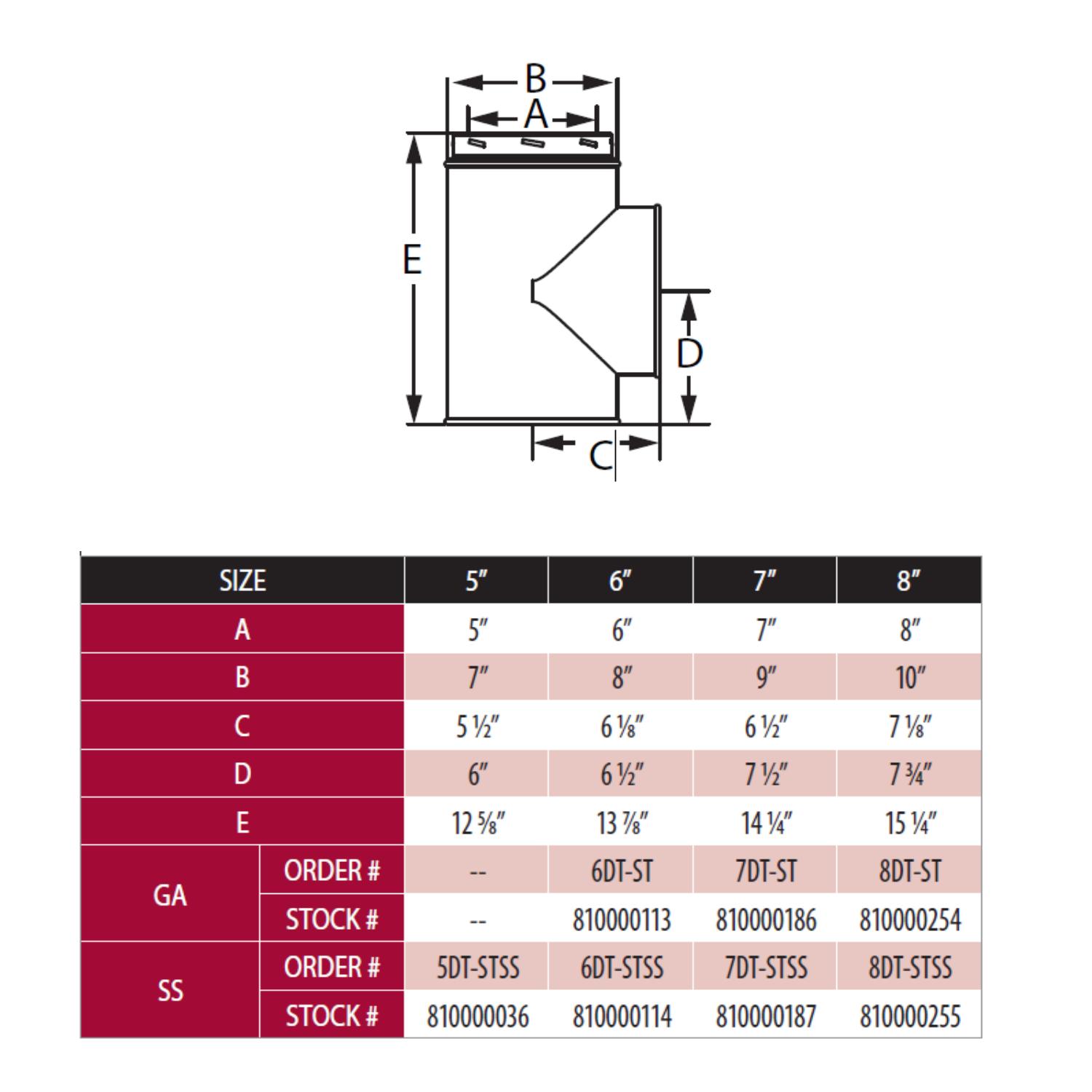 8-inch stovepipe tee dimension diagram with size chart and part numbers