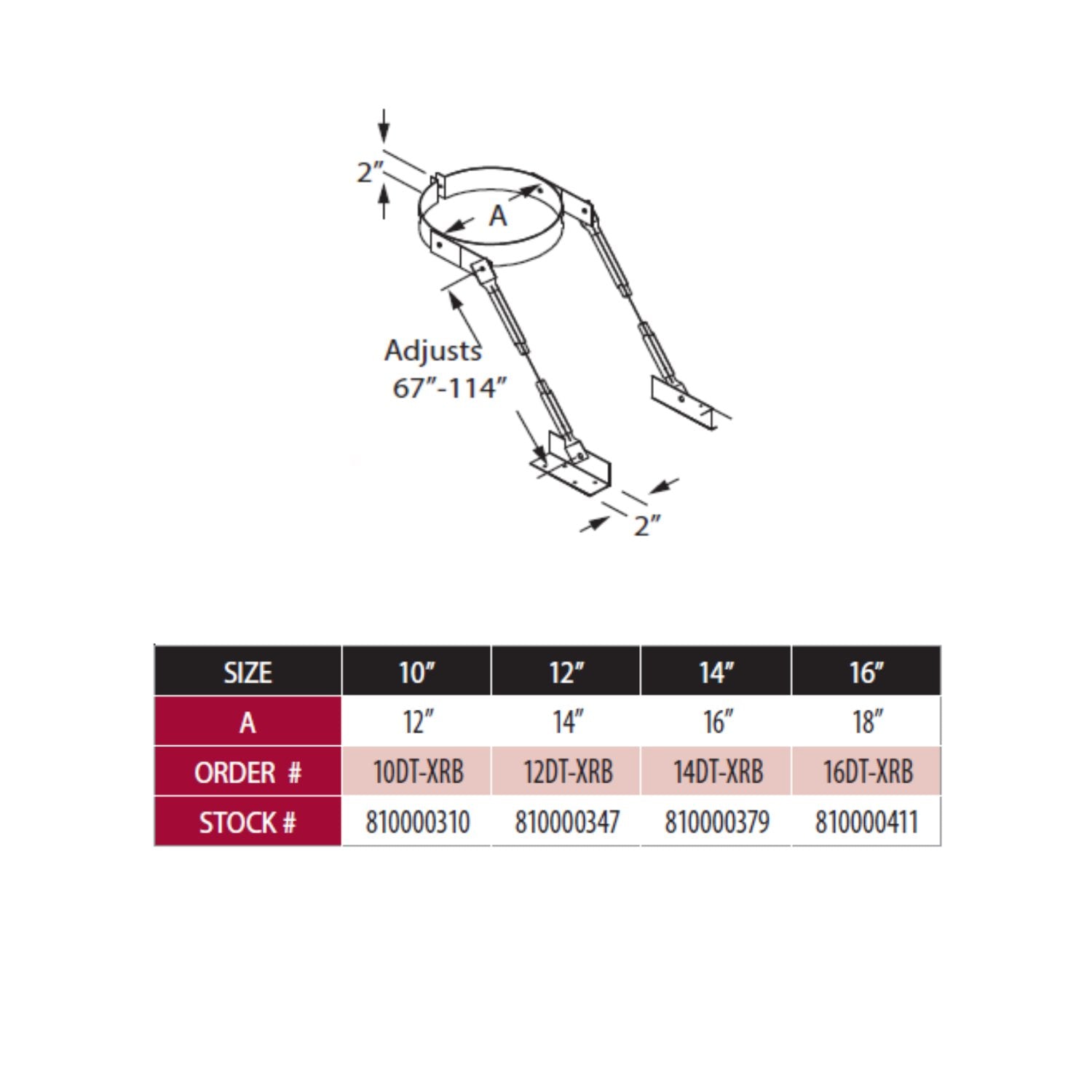 Extended roof bracket size and adjustment dimension diagram with measured range A