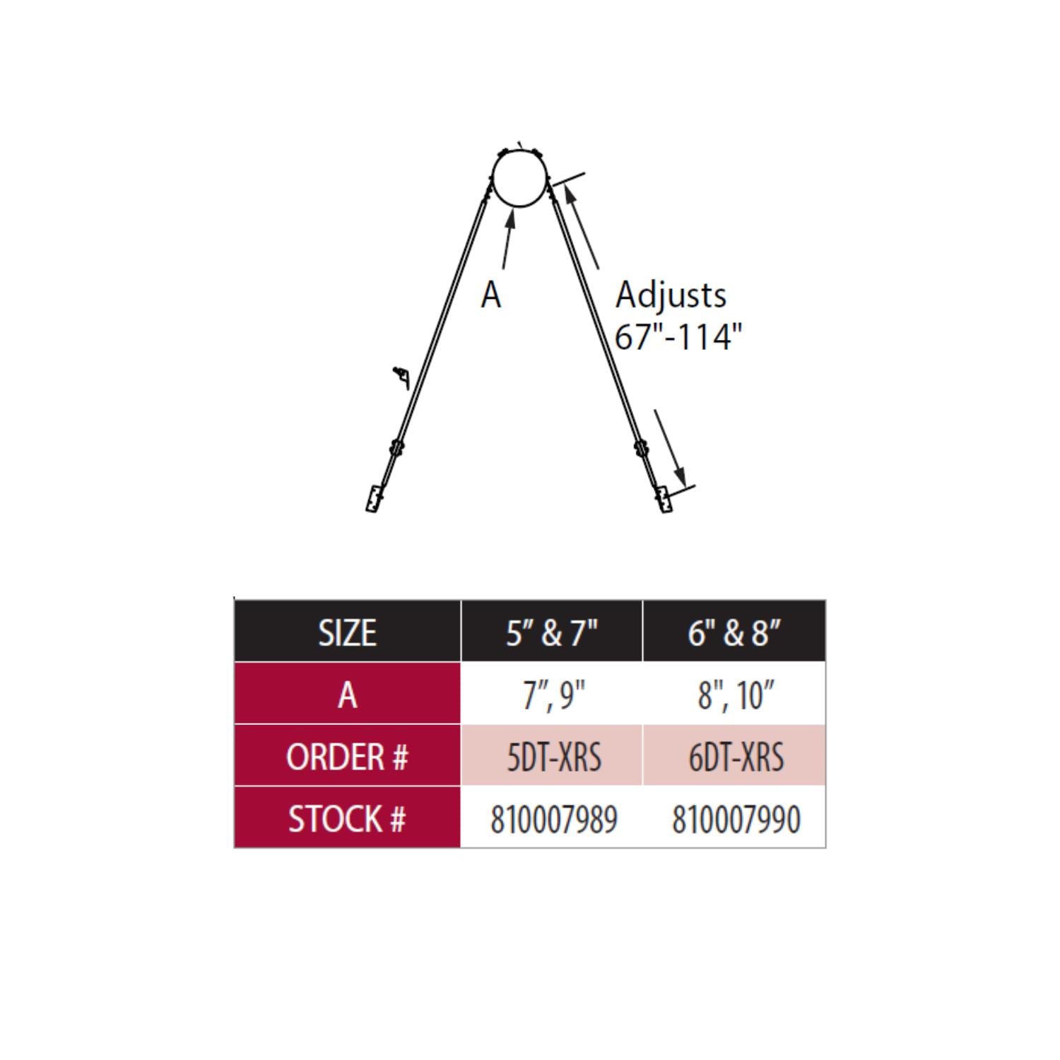 Adjustable roof bracket showing lift range 67"–114" with size chart