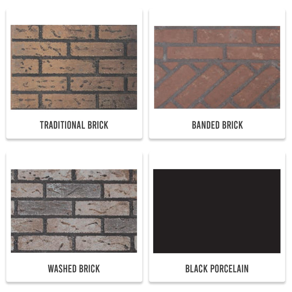 Brick liner finish samples: traditional, banded, washed, and black porcelain
