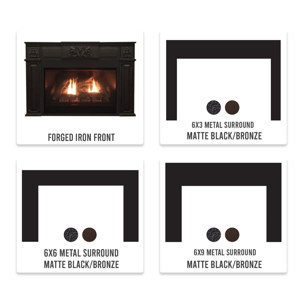 Metal surround style options: forged iron front and 6x6 matte black/bronze