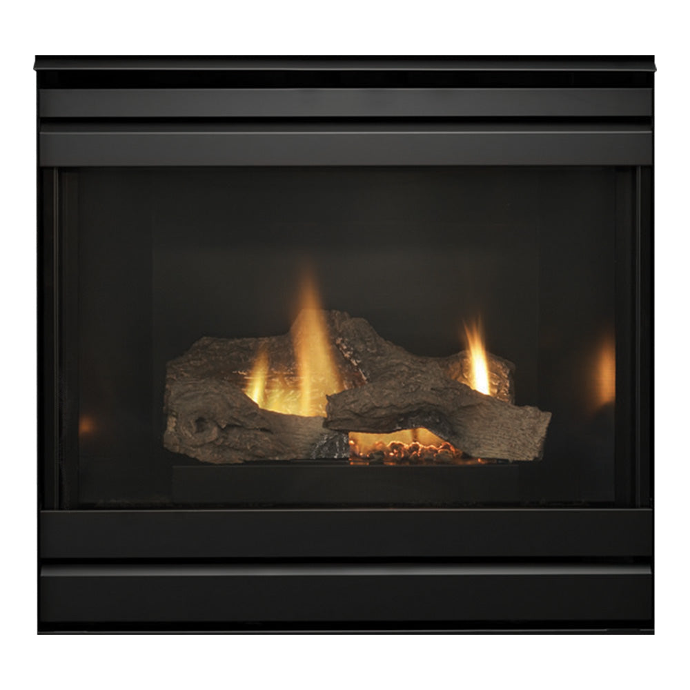 32-inch direct vent gas fireplace with glowing logs and black firebox surround
