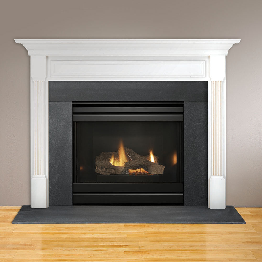Direct vent gas fireplace with dark firebox insert, glowing flames, and white mantel
