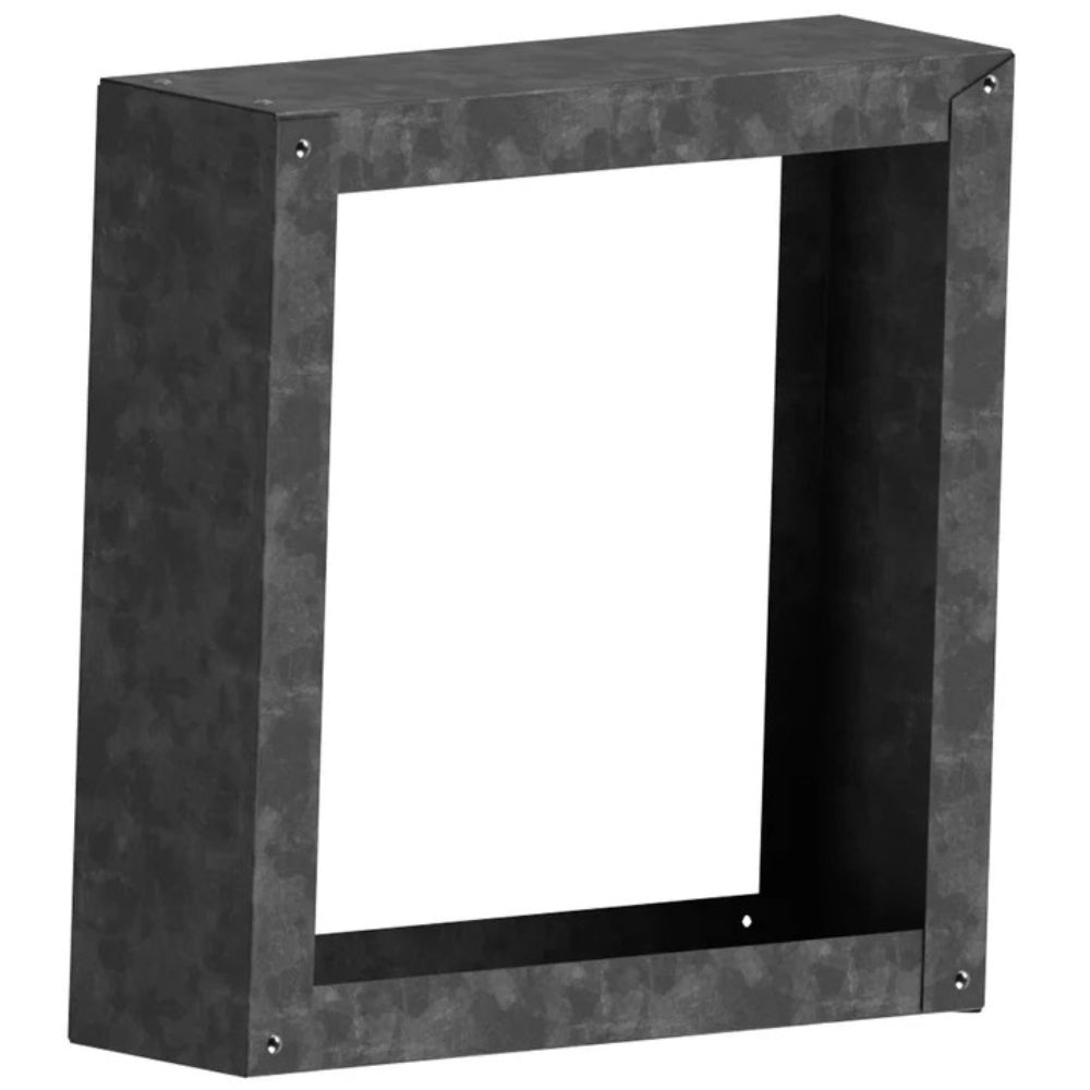 Vinyl siding standoff box, dark gray metal frame with open rectangular opening
