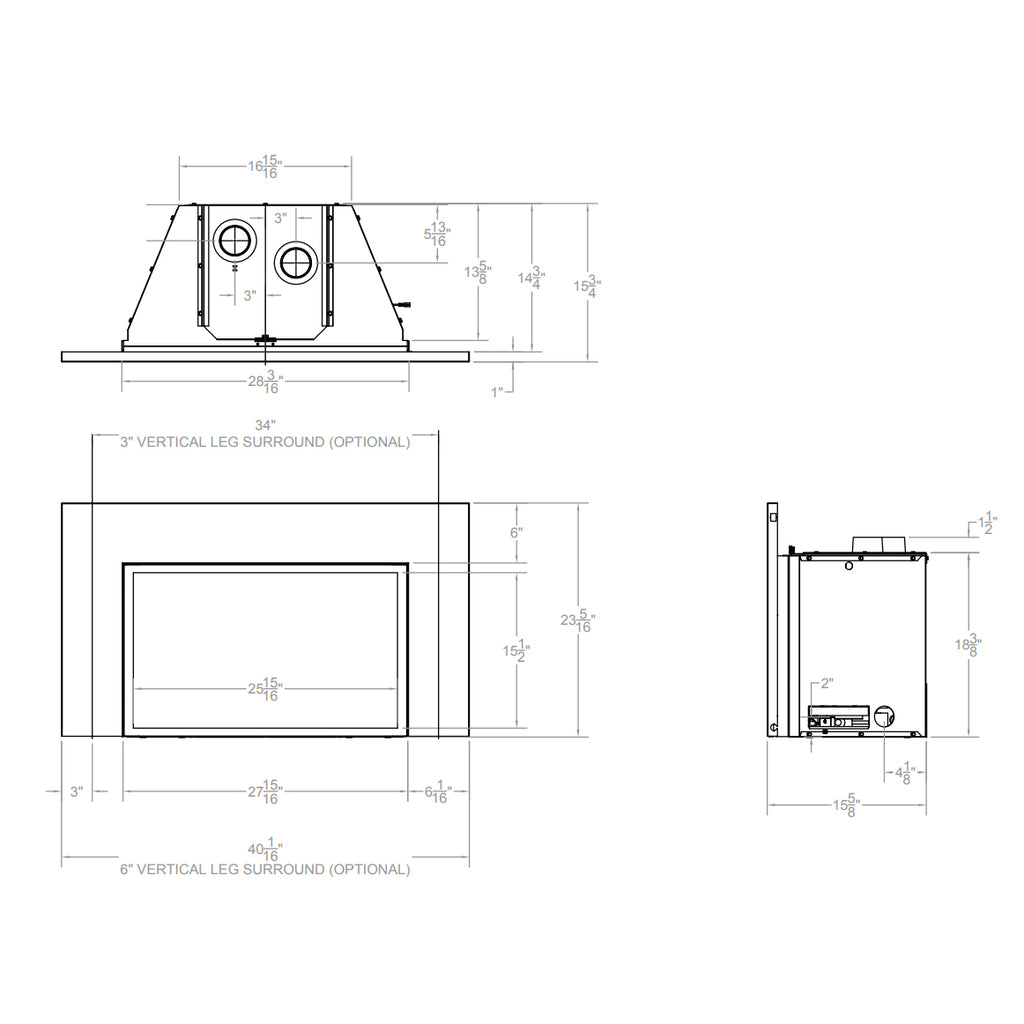 Direct-vent fireplace insert installation diagram with front, side, and vent dimensions