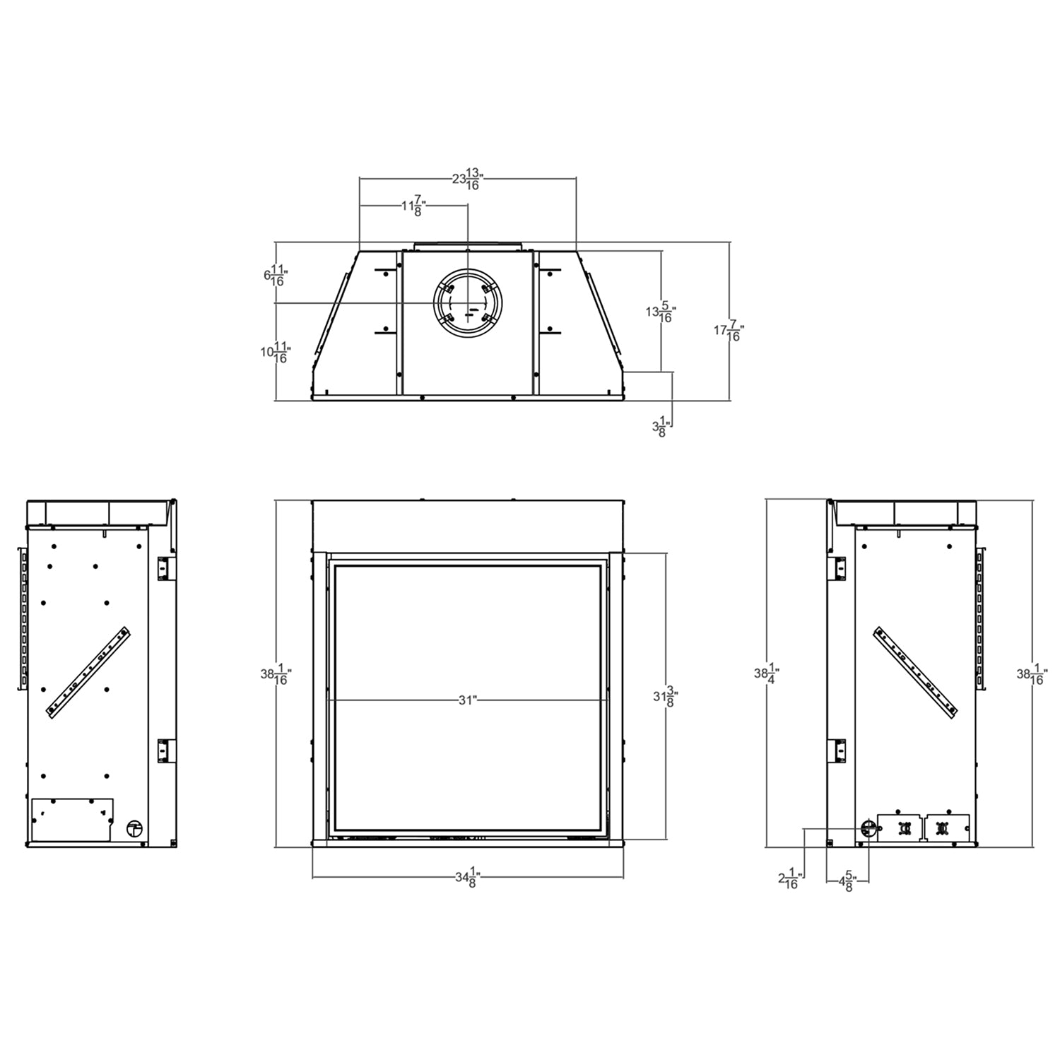 Gas fireplace technical diagram with front, side, and top dimensions