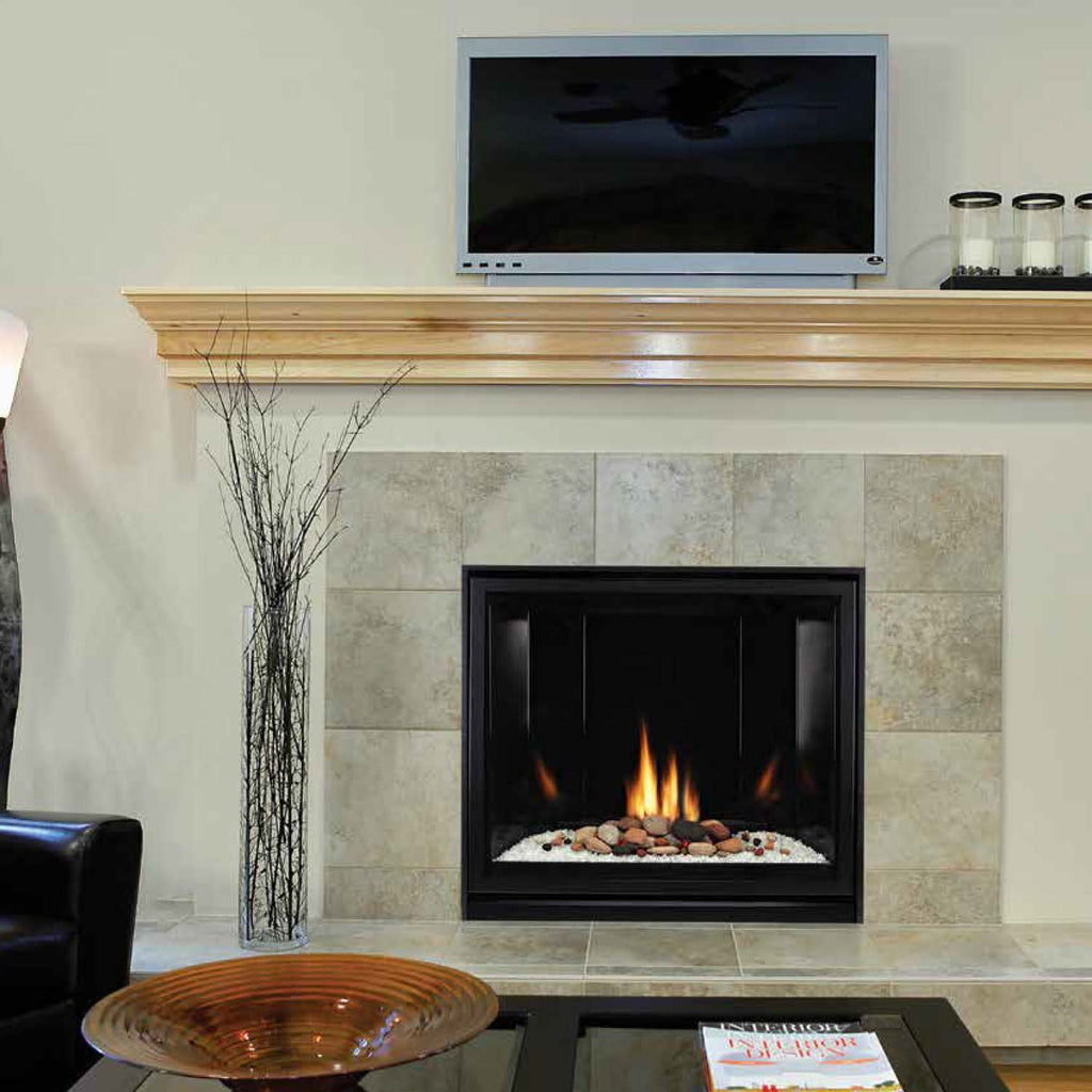 Direct vent gas fireplace with black trim and glowing flames in a stone surround.