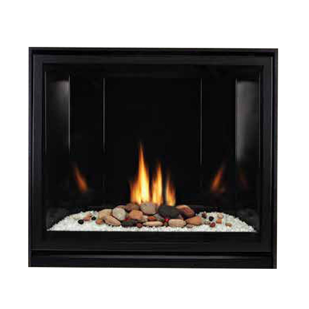 Black direct vent gas fireplace with burning flames and crushed glass media bed
