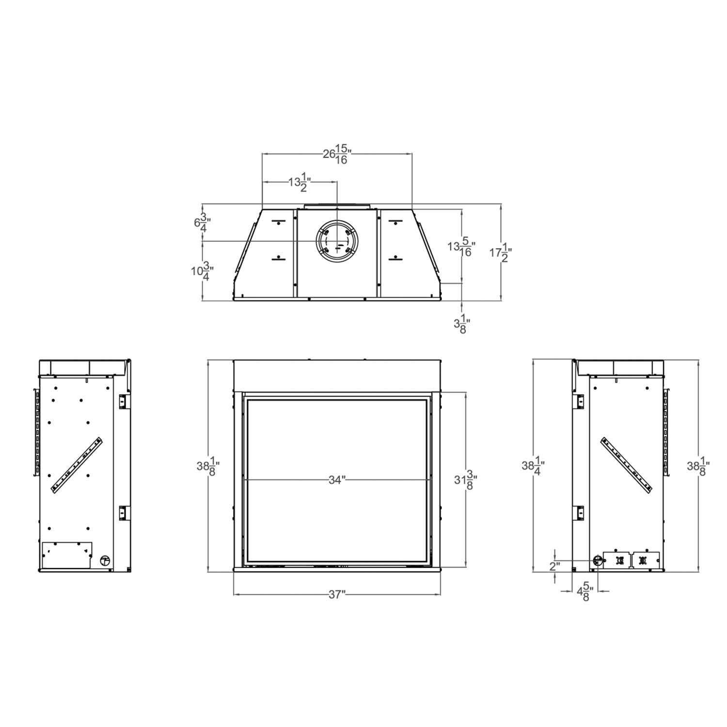 Direct vent gas fireplace technical dimension diagram with vent and control views