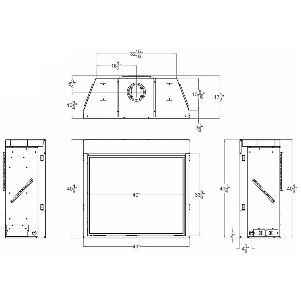 Gas fireplace unit technical diagram with front, side, and top dimension lines.