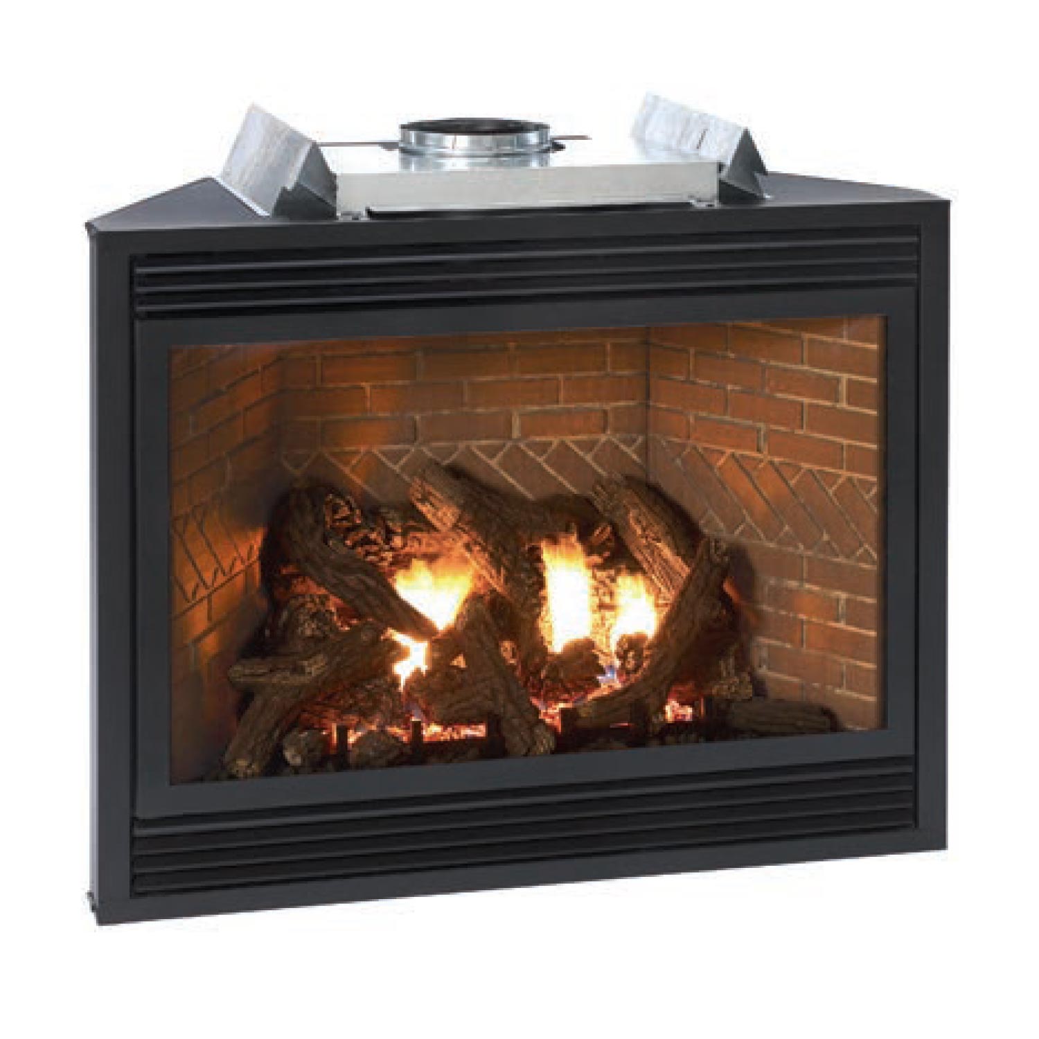 Black direct vent fireplace with glass front and burning logs
