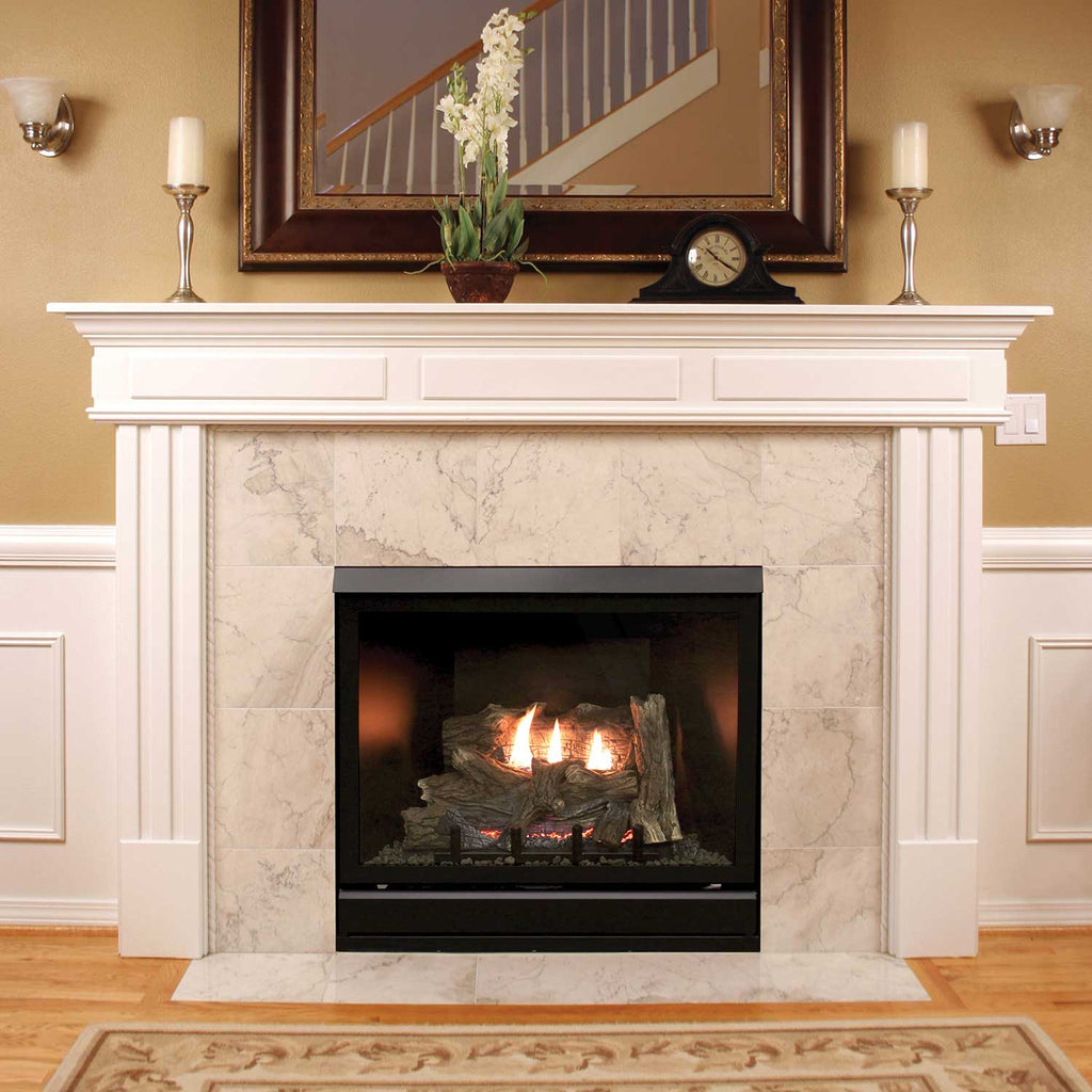 Built-in gas fireplace with black firebox and white mantel with stone surround