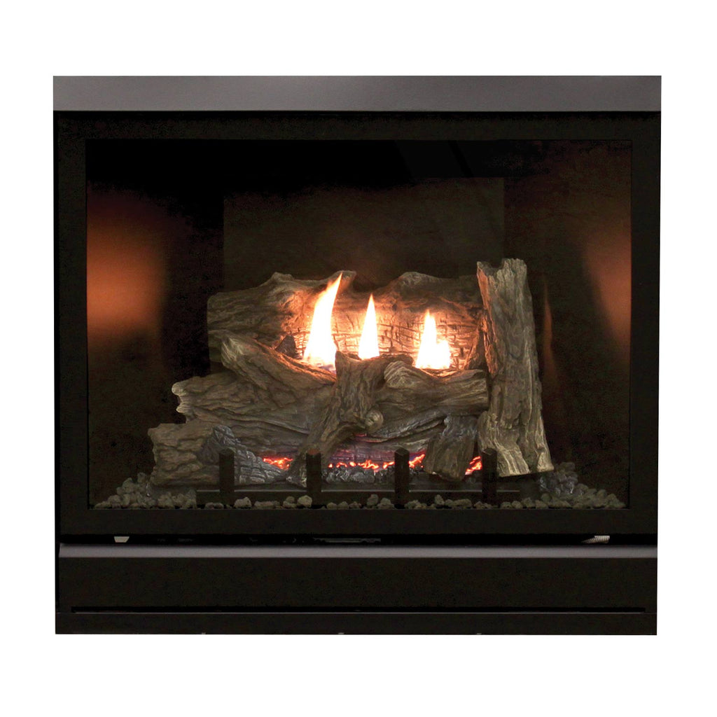 Direct vent gas fireplace with burning logs behind black glass