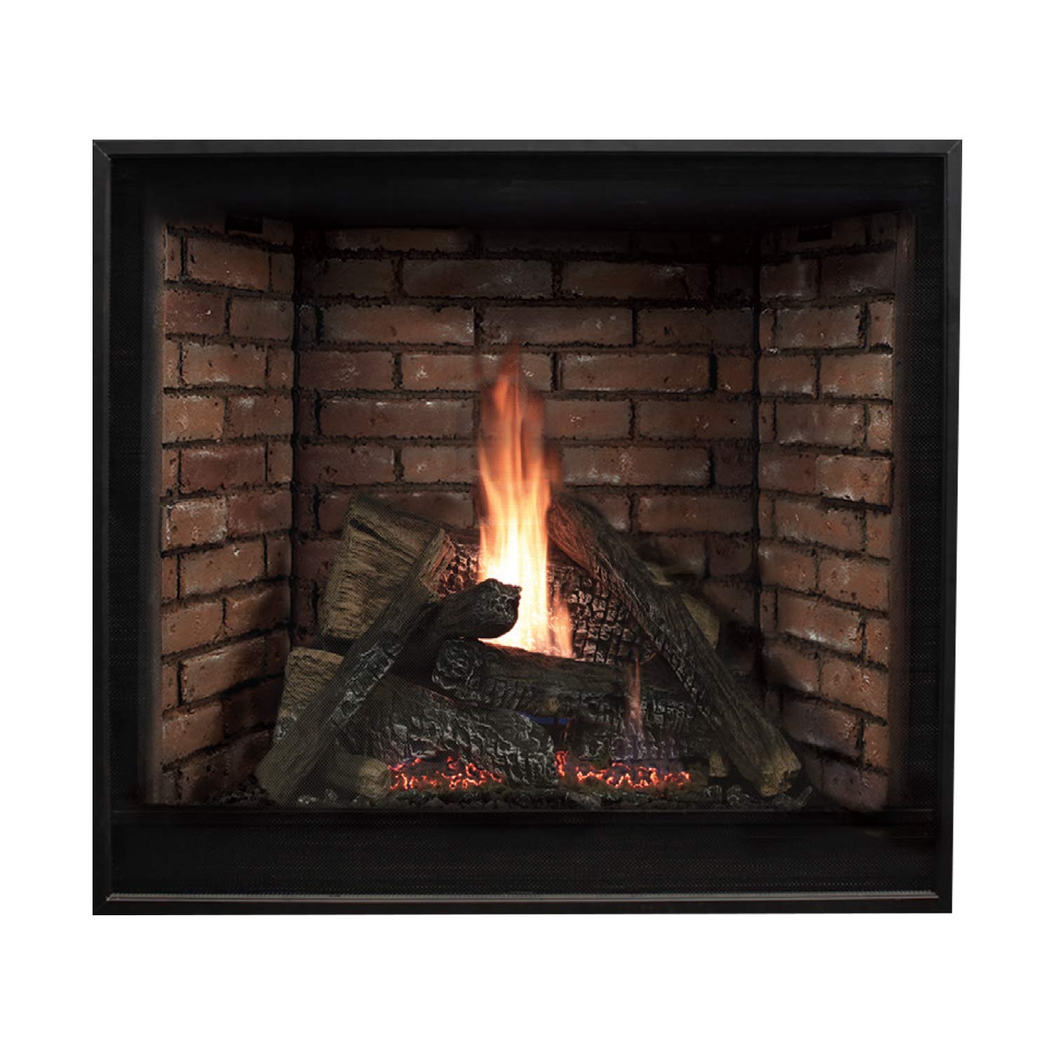 Gas fireplace with brick-pattern back, black surround, burning flames and logs