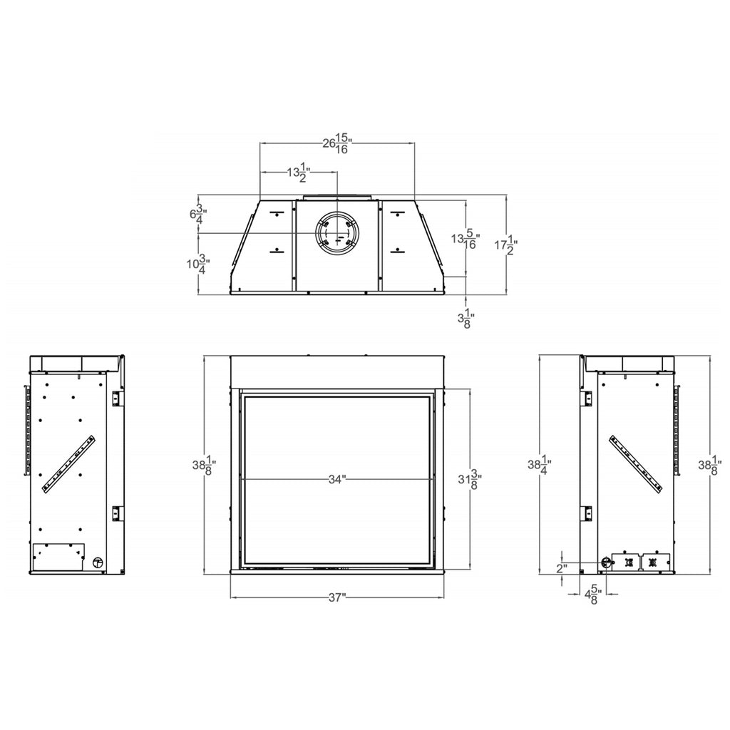 Gas fireplace technical dimension diagram with side, front, and top views