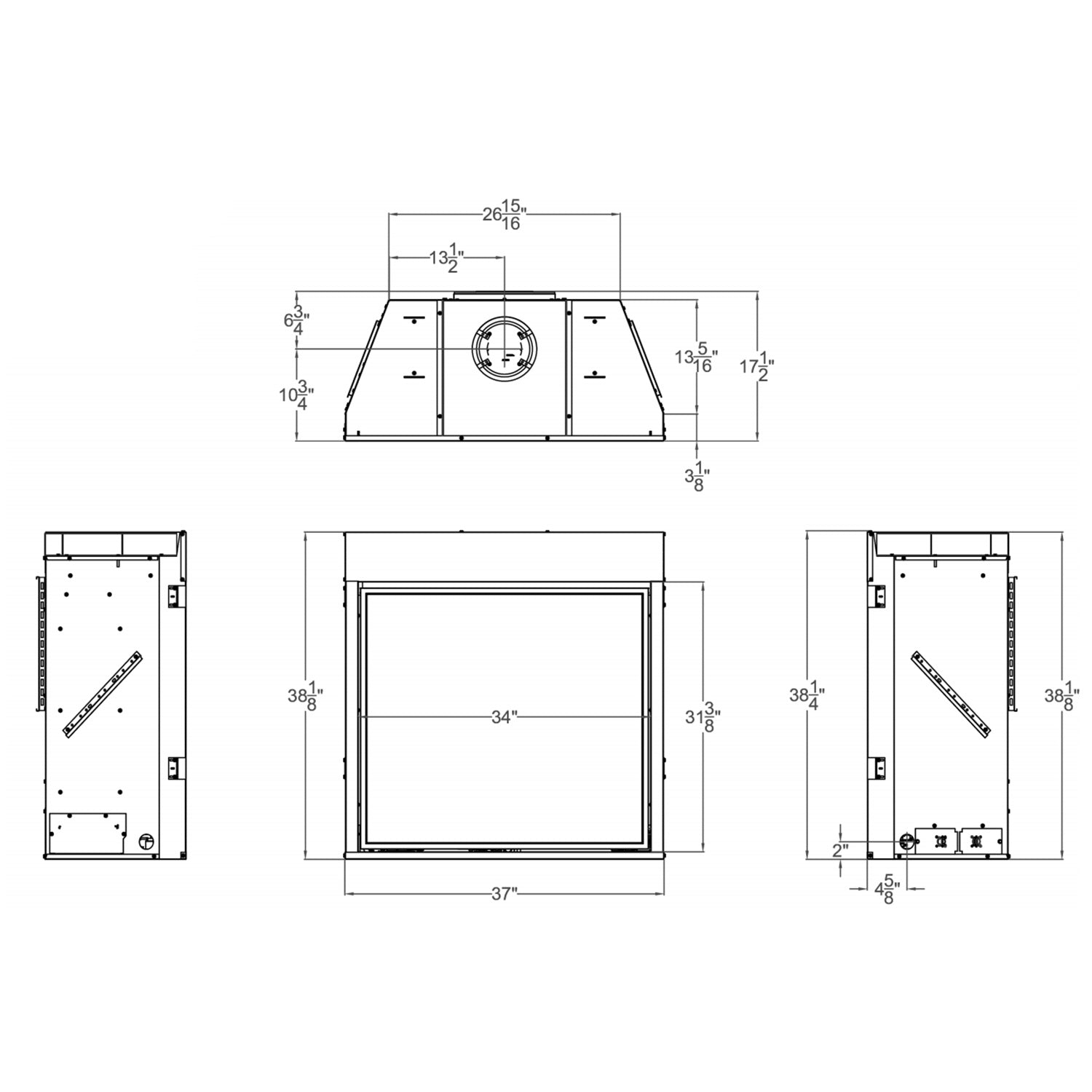 Gas fireplace technical dimension diagram with side, front, and top views