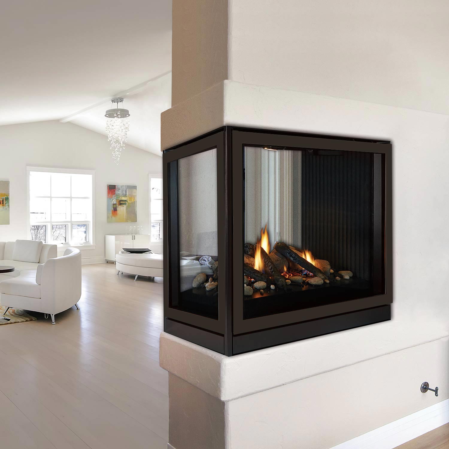 Direct vent peninsula fireplace with glass doors and visible flames