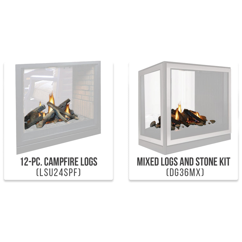 Two see-through glass fireplaces with burning logs in white display panels