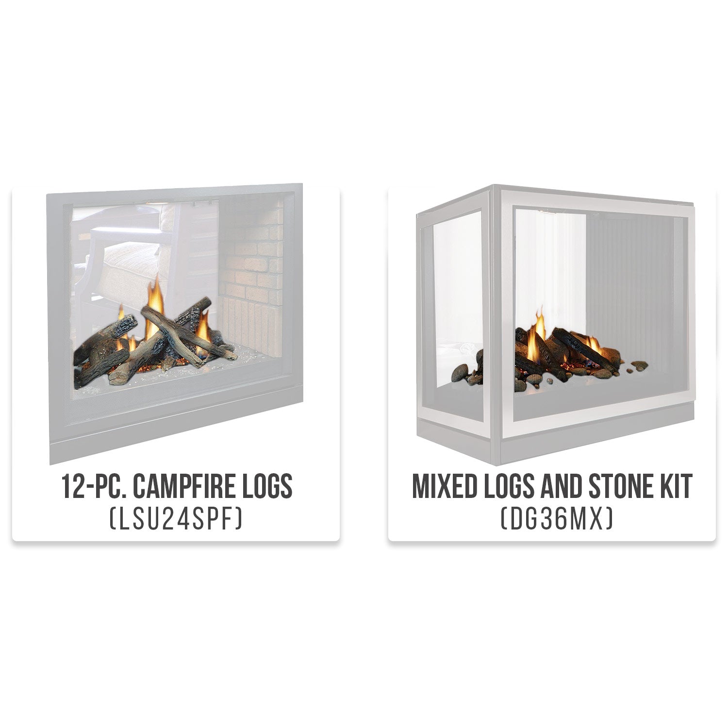 Two see-through glass fireplaces with burning logs in white display panels