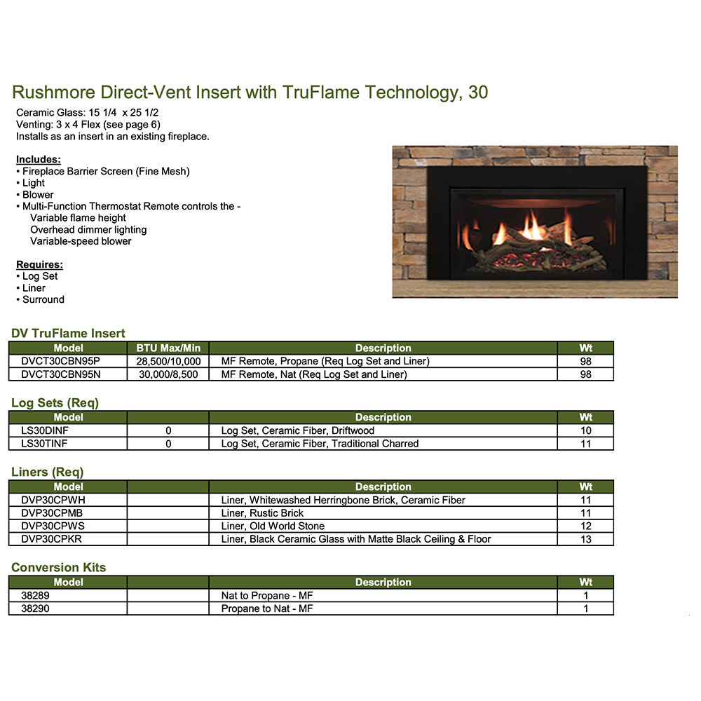 Spec sheet featuring 30-inch direct-vent gas fireplace insert with burning flames in black firebox
