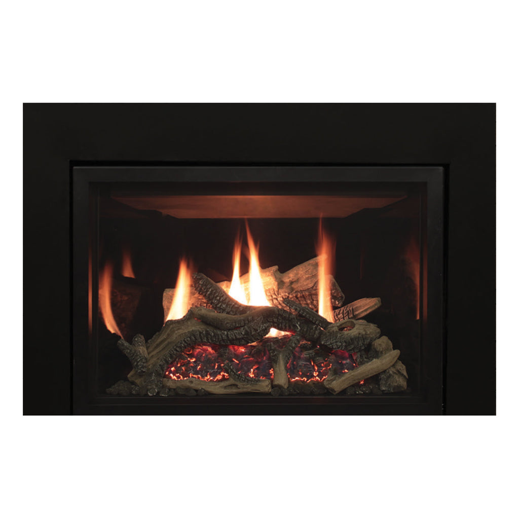 Direct vent gas fireplace insert with black glass front, lit flame and logs