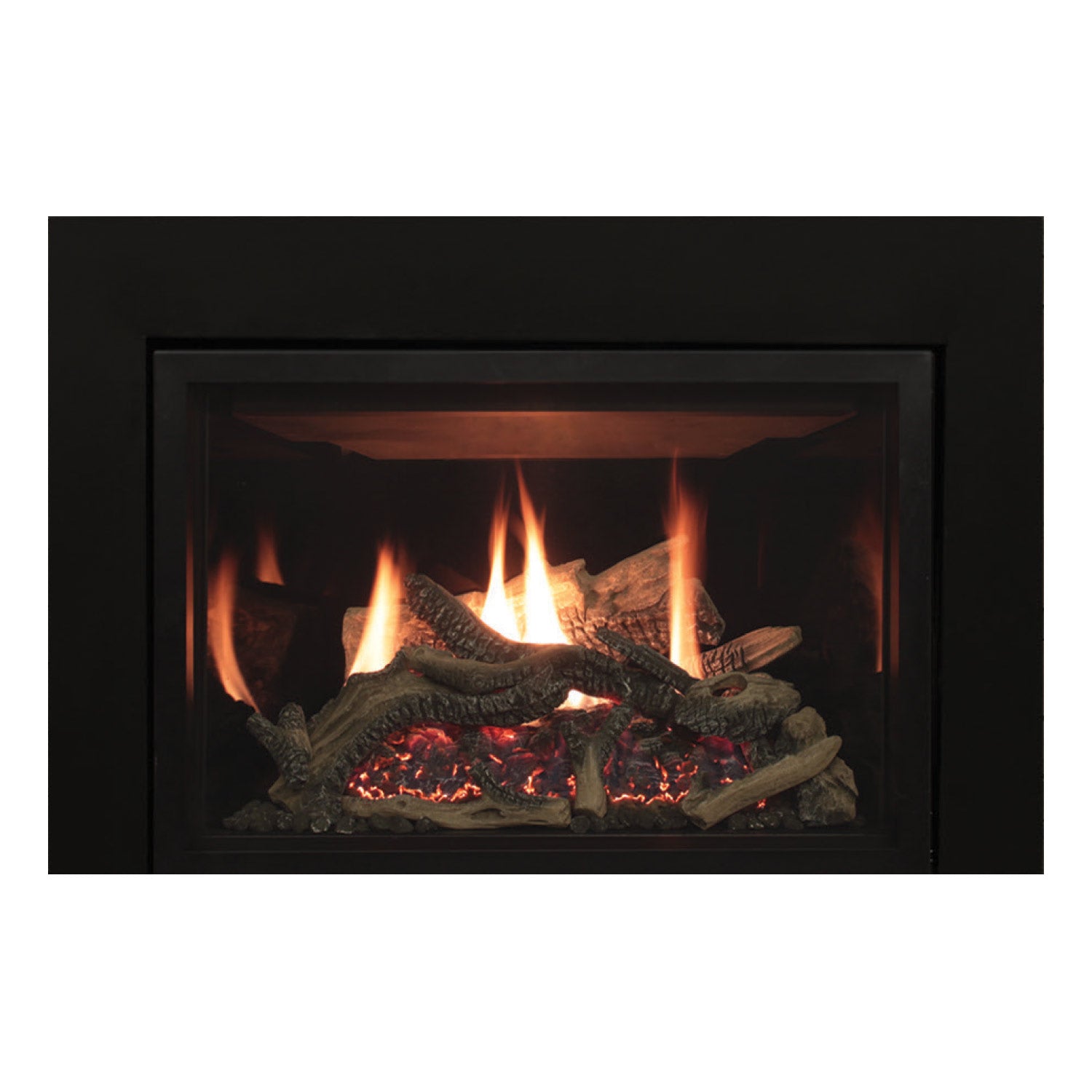 Direct vent gas fireplace insert with black glass front, lit flame and logs