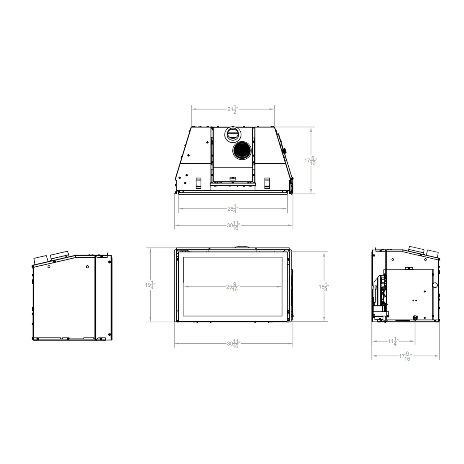 30-inch direct-vent gas fireplace insert line drawing with vent and black firebox