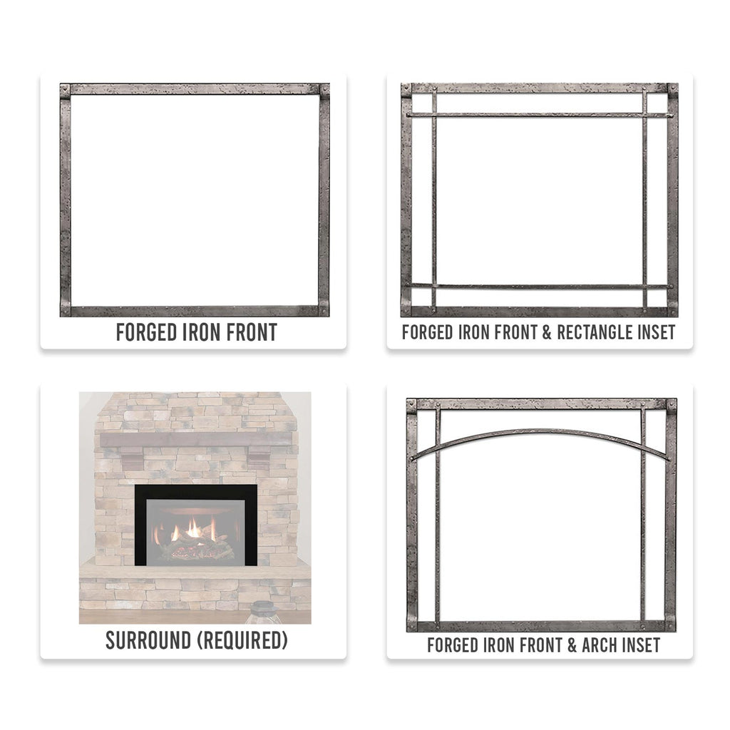 Forged iron front and insert frame styles for direct vent gas fireplace