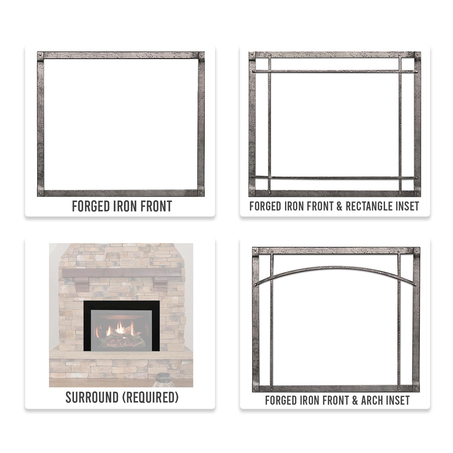 Forged iron front and insert frame styles for direct vent gas fireplace