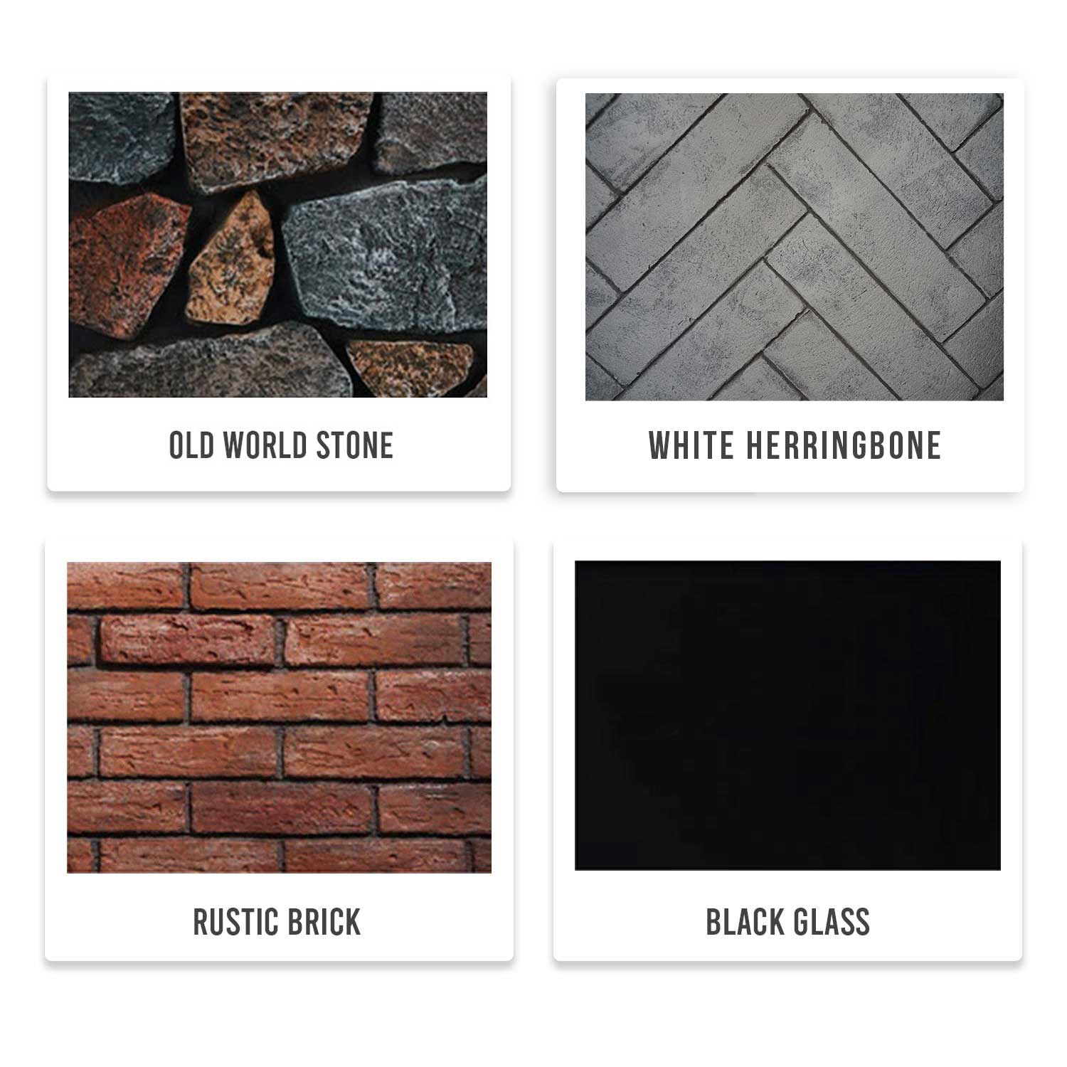 Fireplace insert log and finish color swatches: old world stone, herringbone, rustic brick