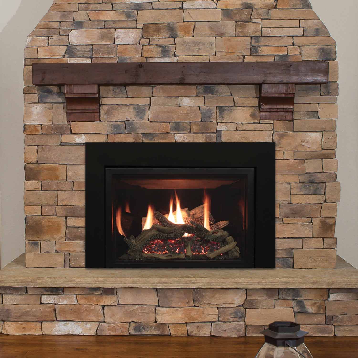 30-inch direct-vent gas fireplace insert with black firebox and orange flames