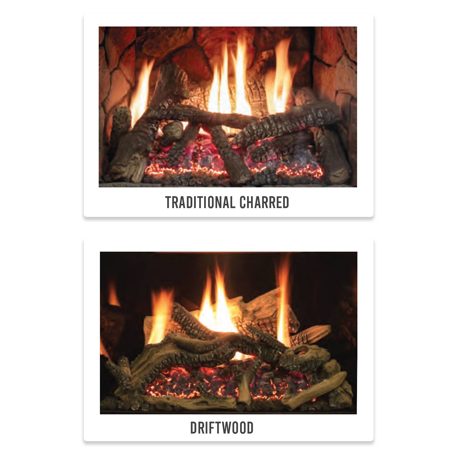Fireplace insert log set options with traditional charred and driftwood styles